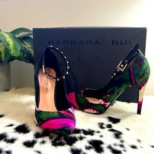 Barbara Bui Graphic Silk Pointed Toe Pumps (37.5)